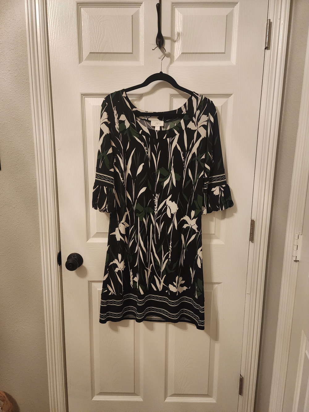 LOFT Black Dress with White & Green Botanical Print